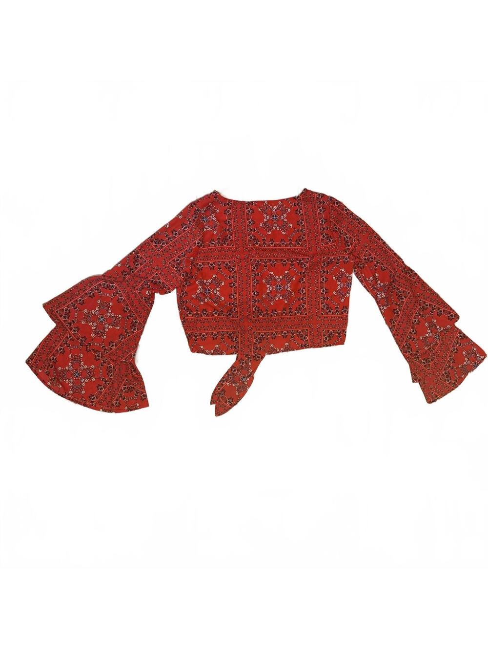 Altard State Red Patterned Bell Sleeve Tie-Front Crop Top Size S
